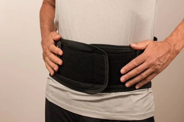 Man Wearing Back Brace His Injured Back Back Pain Treatment — Stock Photo, Image