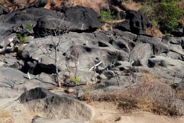 Brezilya 'nın Alto Paraiso kenti yakınlarındaki Chapada dos Veadeiros' taki Vale da Lua 'daki alışılmadık karanlık kaya oluşumu.