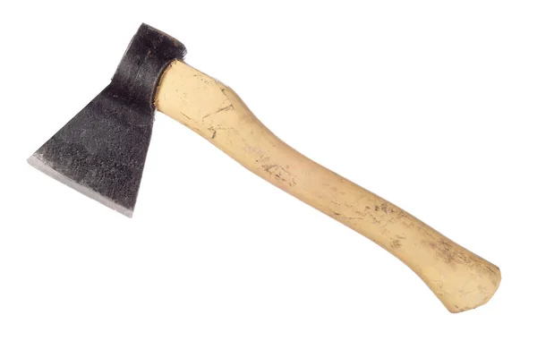 Tahta saplı balta, eski ve eski. Beyaz arkaplanda izole.