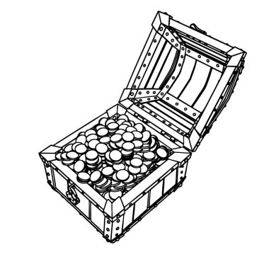 Outline for Full Opened Filled by Coins Medieval Chest with Padlock. Vector Illustration.