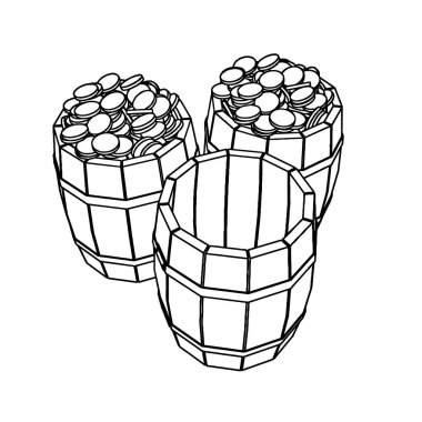Altın Para Doldurulmuş İki Tahta Eski Vintage ve Bir Açılmış Boş Fıçı Renklendirme Hattı. Vektör İllüstrasyonu.