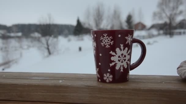 Copa roja o borgoña con un patrón de copos de nieve en el fondo de un bosque de invierno. nevando. Año nuevo. Navidad. taza con una bebida caliente en el alféizar de la ventana en el fondo de una ciudad del invierno. — Vídeo de stock