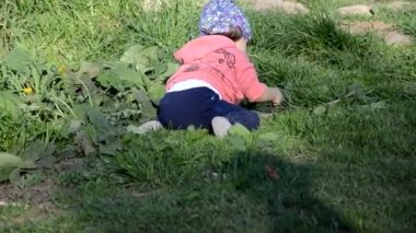 Gülümseyen sevimli, neşeli küçük kız yeşil çimlerin üzerinde duruyor. Küçük kız gölde yürümeyi öğreniyor. Güneşli bir gün ya da yaz günü
