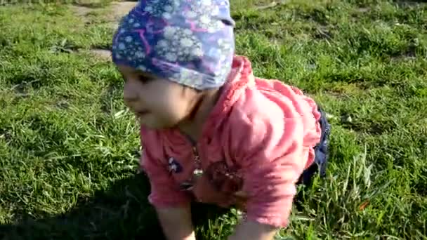 Lächelnd steht das süße verspielte kleine Mädchen auf grünem Gras. Kleinkind wandert um den See und lernt laufen. sonniger Spätsommertag oder Sommertag — Stockvideo
