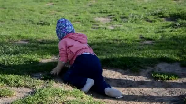 Lächelnd steht das süße verspielte kleine Mädchen auf grünem Gras. Kleinkind wandert um den See und lernt laufen. sonniger Spätsommertag oder Sommertag — Stockvideo