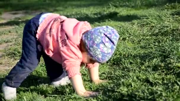 Uśmiechnięty cute zabawny dziewczynka stoi na zielonej trawie. dziewczynka maluch spacery wokół jeziora uczy się chodzić. słoneczny sping lub letni dzień — Wideo stockowe