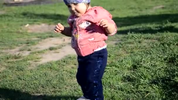 Усміхаючись мила грайлива дівчинка стоїть на зеленій траві. дівчинка-малюк ходить навколо озера вчиться ходити. сонячна шпилька або літній день — стокове відео