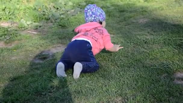 Leende söt lekfull liten flicka står på grönt gräs. Flicka småbarn promenader runt sjön lär sig att gå. solig speing eller sommardag — Stockvideo