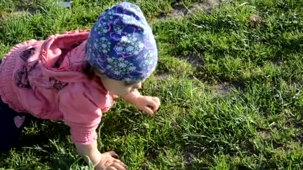 Uśmiechnięty cute zabawny dziewczynka stoi na zielonej trawie. dziewczynka maluch spacery wokół jeziora uczy się chodzić. słoneczny sping lub letni dzień — Wideo stockowe