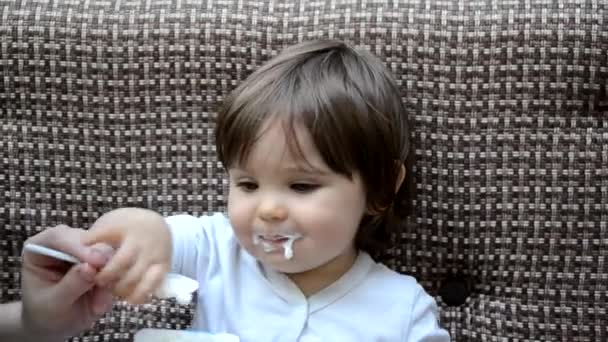 Happy infant baby boy spoon eats itself. baby girl toddler in a cafe feeds itself useful food. porridge, cottage cheese, yogurt spoon — Video Stock