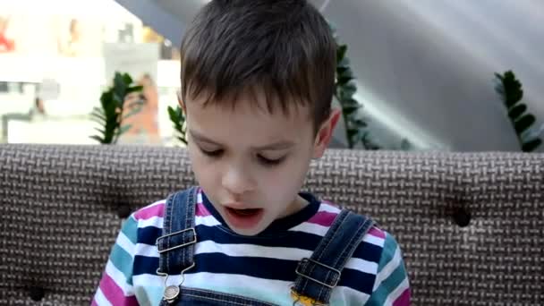 Leuke jongen die pizza eet in café uit de doos — Stockvideo