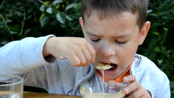 Ragazzo felice mangiare cereali con fiocchi di mais latte su uno sfondo di fogliame per la prima colazione — Video Stock