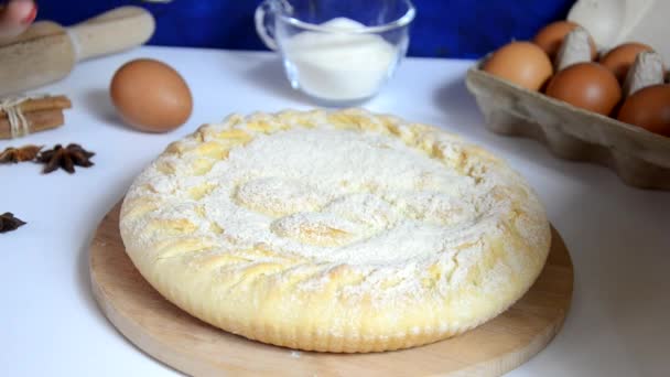 La chica se corta y toma un trozo de pastel casero, espolvorea azúcar helada, sirve té, desayuno o cena. Tarta casera con bayas de cereza, taza de té y tenedor en una mesa de madera blanca. Vista superior. — Vídeo de stock