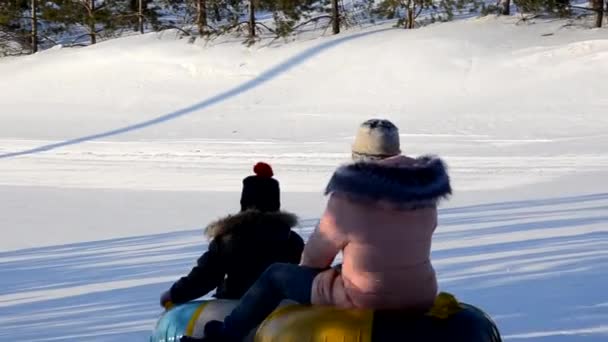 Vinternöje, snö, glada barn pulka på vintern. Mor, sol och småbarn — Stockvideo