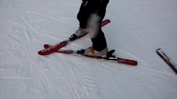 Skiër afdaling in hoge bergen tegen de zon. Mam en zoon leren skiën. Wintersport. Buiten — Stockvideo