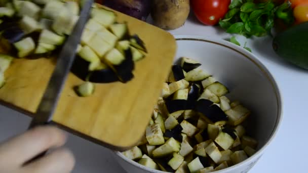 厨房里的女手用刀割茄子.煮蔬菜。制作蔬菜炖菜或沙拉。素食、饮食、低热量、适当营养 — 图库视频影像