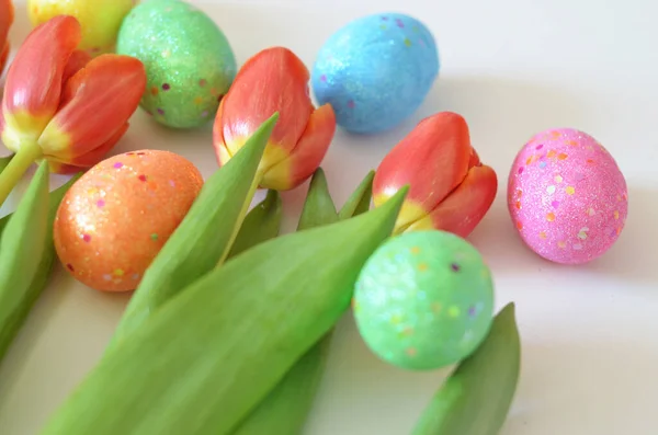 Frohe Ostern. Glückwunsch Ostern Hintergrund. Ostereier und Blumen Tulpe auf weißem Hintergrund. — Stockfoto