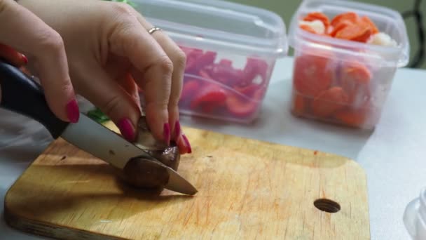 La ragazza taglia verdure per congelare, le mette nel congelatore per immagazzinamento. Verdure congelate diverse su un piatto bianco tra varie verdure fresche parzialmente scivolate su tagliere su un tavolo da cottura — Video Stock