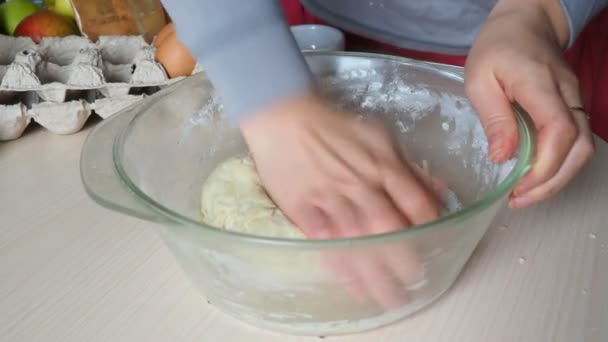 Weibliche Hände kneten Teig in Mehl auf dem Tisch, fügen Ei zu Mehl hinzu, fügen Zutaten Backpulver hinzu, Zucker knetet den Teig von Hand — Stockvideo