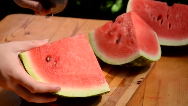 Tři kousky melounu postavené na špalku. Vrtulník řeže nožem kus vodního melounu. V Thajsku je léto. Když všichni jedí melouny tak lahodné a čerstvé. — Stock video