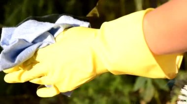 Temizleme conept - el temizleme cam pencere deterjan ve bez ile pencere