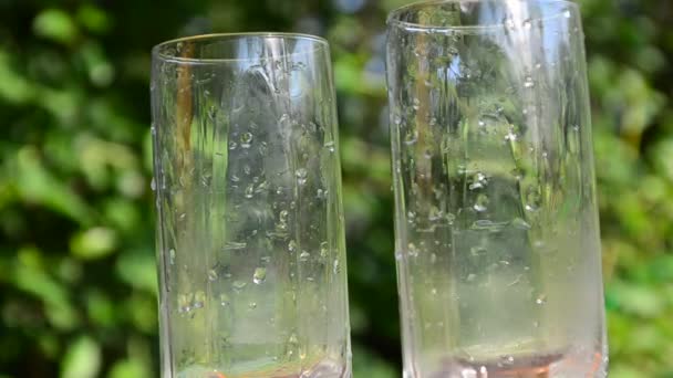 Lemonade or mojito cocktail with lemon and mint, cold refreshing drink or beverage with ice. summer drink on a background of green foliage girl doing — Stock Video