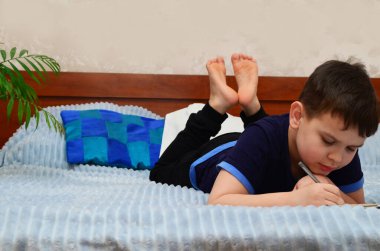 Çocuk evde kanepede ya da yatakta ev işi yapıyor, konuyu okuyor, kitap okuyor ve notlar yazıyor. Çevrimiçi ev eğitimi, oda öğrencileri için çevrimiçi kurslar, dizüstü bilgisayarla çalışmak