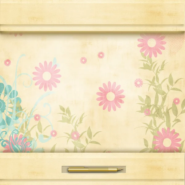 Florish wallpaper with wood frame and pen — Stock Photo, Image