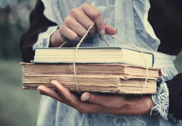 Schoolgirl Keeps Hand Books Tied Cord — Stock Photo, Image