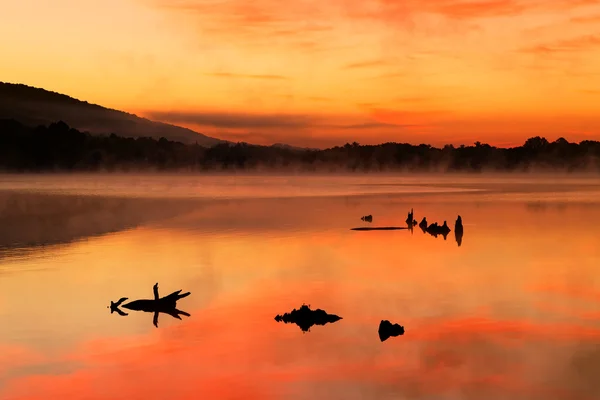 Misty Ανατολή του ηλίου σε λίμνη — Φωτογραφία Αρχείου