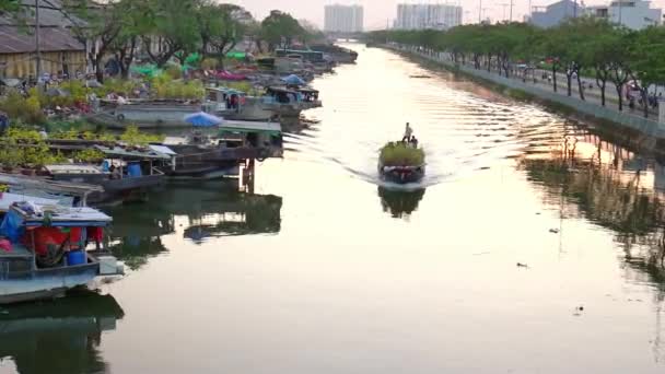 ベトナムホーチミン2020年1月19日 アプリコットと運河沿いのボートには花 コンフェッティ アーモンドの木の春があり 誰もが蒸留を歓迎しますベトナムのホーチミン市のTet — ストック動画