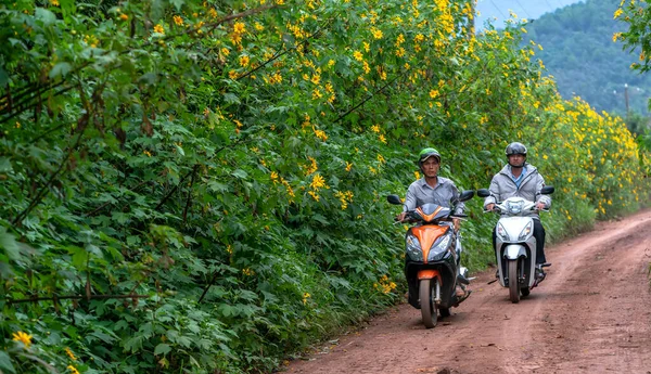 Lat Vietnã Novembro 2020 Pessoas Dirigindo Motos Através Estrada Flor — Fotografia de Stock