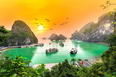 Halong Körfezi 'nin rüya gibi günbatımı manzarası, Çayırdan Vietnam manzarası. Burası UNESCO Dünya Mirası Alanı. Kuzey Vietnam 'da çok güzel bir doğa harikası.