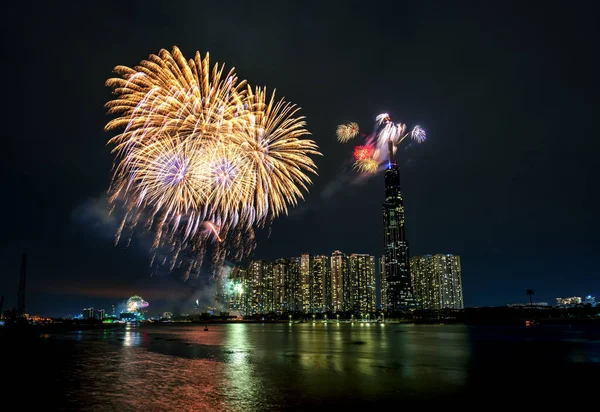 Feux Artifice Heureux Nouvelle Année 2021 Illuminer Ciel Sur Quartier — Photo