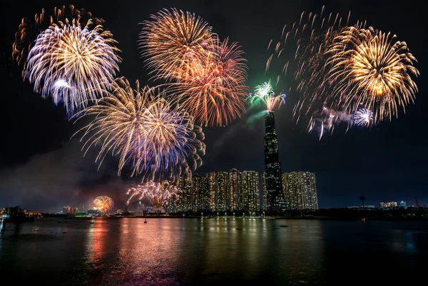 Feux Artifice Colorés Heureux Nouvelle Année 2021 Illuminer Ciel Sur — Photo