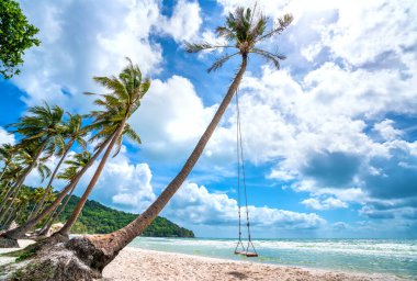 Vietnam 'ın Phu Quoc adasındaki cennet gibi Sao sahilindeki bir palmiye ağacına bağlı salıncak. Sao plajı Vietnam 'ın en iyi plajlarından biridir..