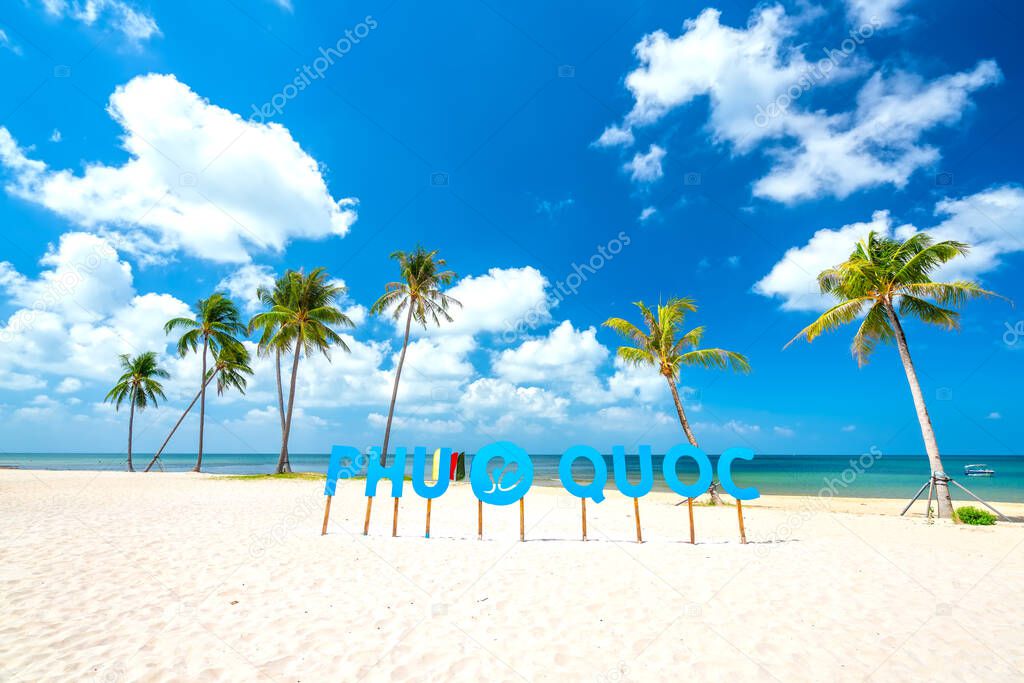 Tropical beach on a sunny day with coconut trees facing the sea in Phu Quoc Island, Vietnam