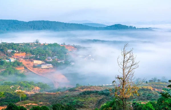 Paisagem Manhã Encosta Nas Montanhas Nebulosas Abaixo Belo Vale — Fotografia de Stock