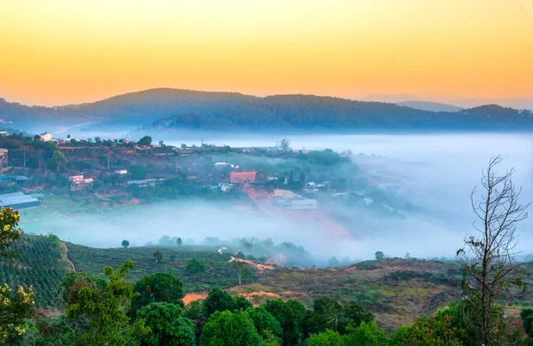 Dawn Plateau Morning Covered Fog Landscape Beautiful Idyllic Countryside Lat — Foto de Stock