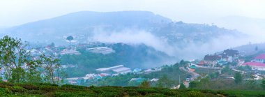 Vietnam 'daki Da Lat dağlarında sisle kaplı bir çay tepesi vadisinin altında küçük bir kasaba. Burası tüm ülkeye büyük miktarda çay sağlıyor.