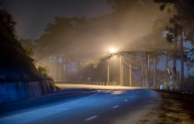 Geçiş yolunun gece manzarası sisli sokak ışıkları ve trafik yollarıyla dolu. Bu da geceyi Da Lat, Vietnam yakınlarındaki banliyölerde daha güzel kılıyor.