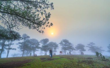 Da Lat, Vietnam - 1 Nisan 2021: Vietnam 'ın dağlık kesimlerindeki sisli bir sabah çam tepesinde şafağı izleyen turistler