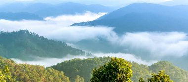 Güzel vadinin altındaki sisli dağlık arazide sabah manzarası.