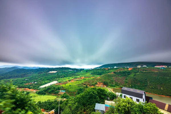 Morning Landscape Valley Suburbs Storm Clouds Pulled Tight Bleak Sky — Stock Photo, Image