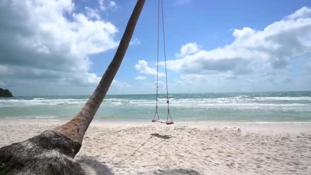 Tropický Přímořský Plášť Slunečného Odpoledne Šikmými Kokosovými Stromy Čistým Bílým — Stock video