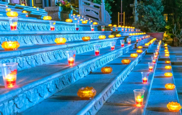 Candles Shining Glass Lead Way Temple Three Jewels Celebration Amitabha — Stock Photo, Image