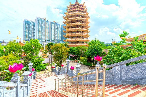 Ho Chi Minh City, Vietnam - March 1st, 2018: Landscape architecture monastery Minh Dang Quang was designed to prepare holiday Vesak annual wished peace to Buddhists in Ho Chi Minh City, Vietnam