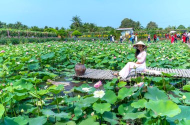 Tien Giang, Vietnam - 25 Şubat 2018: Nilüfer tarlaları, turistleri Batı Vietnam 'ın barışçıl kırsalında ziyaret etmeye ve fotoğraf çekmeye çeken ekolojik turizm alanında çiçek açtı