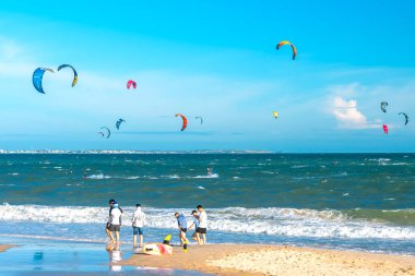 Güneşli bir günde kumsalda bir grup mutfakçı. Uçurtma, uçurtma, uçurtma ve uçurtma.