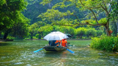 Nehirde yeşil ağaçlı bir tekne.
